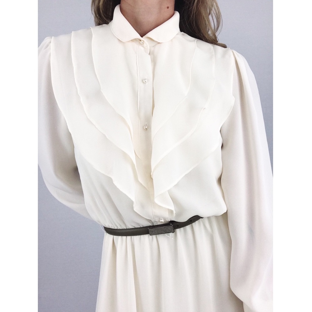 Vintage Sheer Ruffle Midi Dress in Ivory | Size S/M - Picture 11 of 15